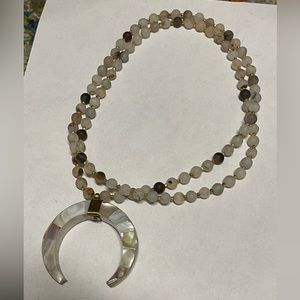 Rainbow Mother Of Pearl Horn Moon Matte Agate Beaded Gold Tone Necklace Pendant